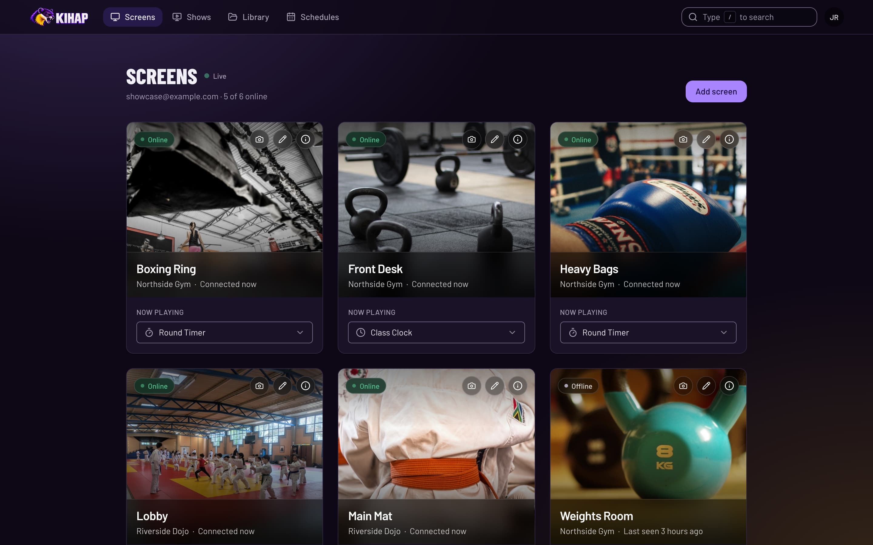 The Kihap Screens page: six screens across a dojo and a gym, five online, each with the show it's playing